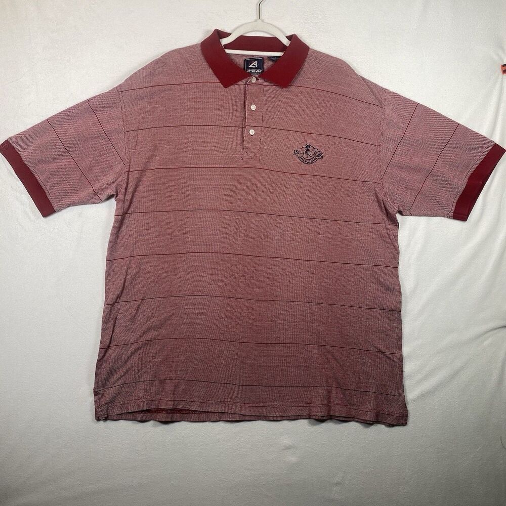 Ahead Authentic Men’s Polo Shirt Burgundy Striped Island Hills Logo Golf Casual
